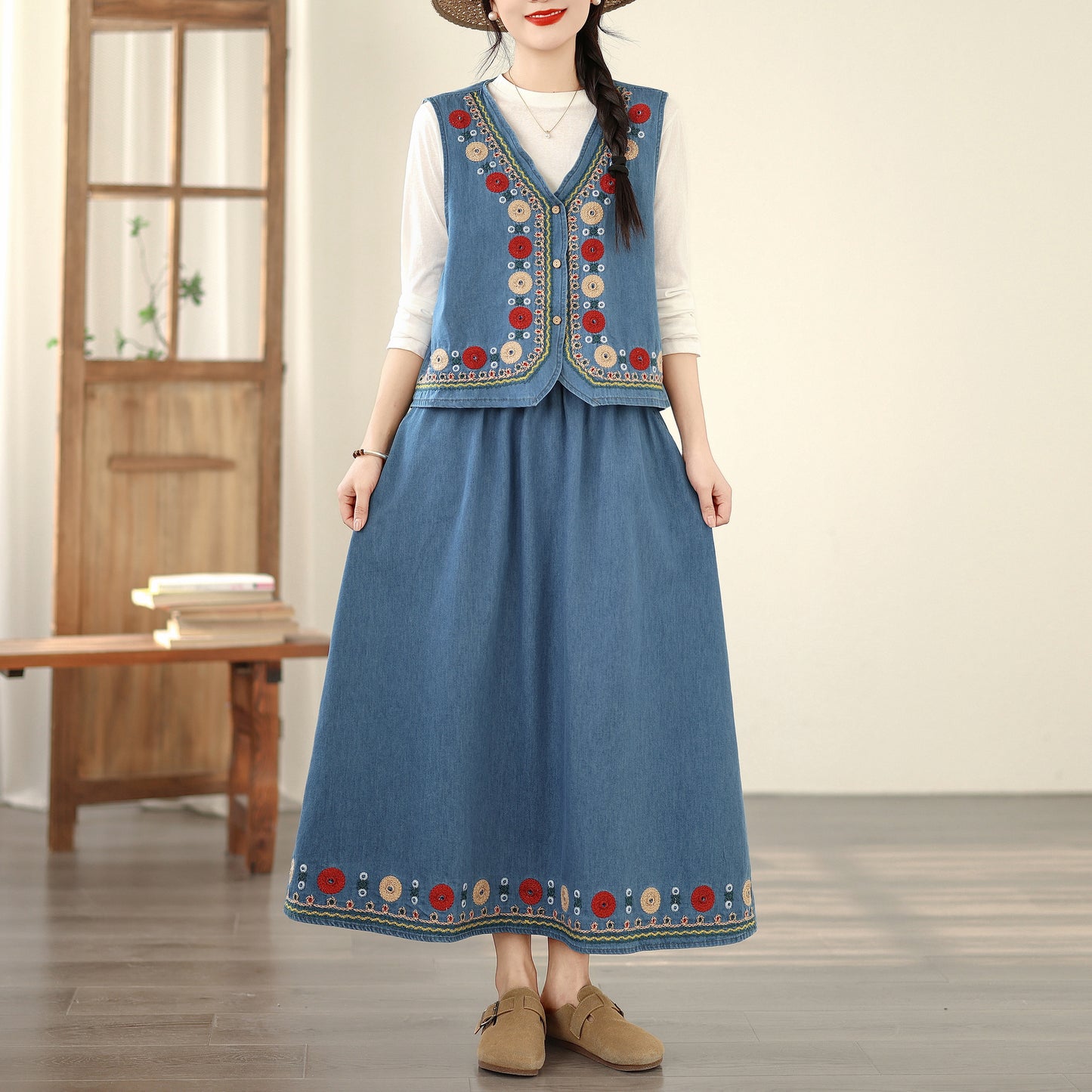 Women's Embroidered Elastic Waist Denim Jean Maxi Skirt Pocket - LAI MENG FIVE CATS
