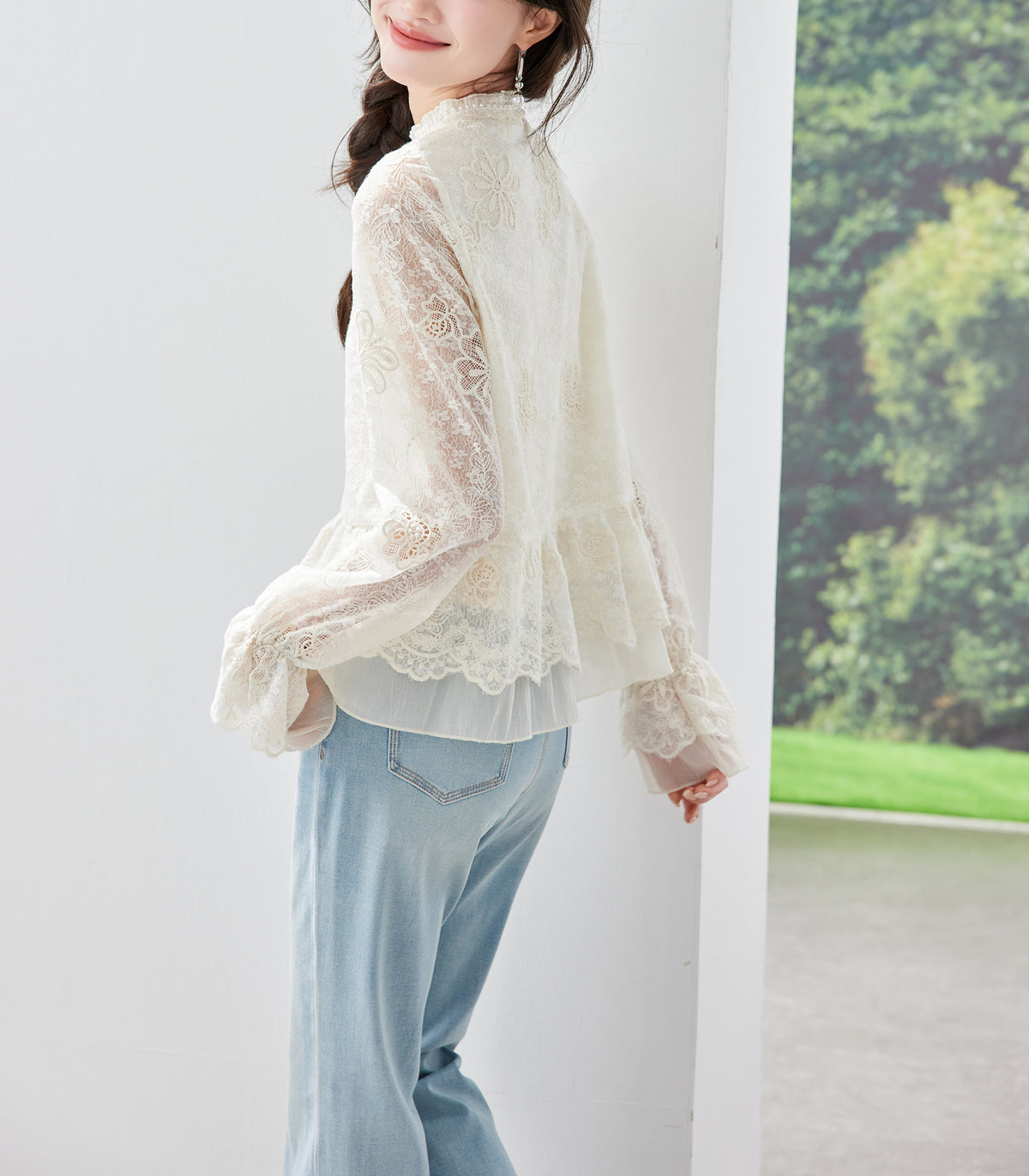 Ivory Lace Embroidered Button-Front Blouse