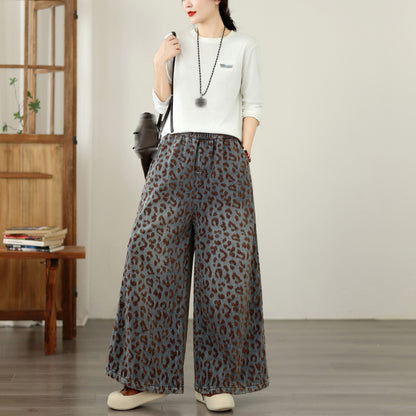 Vintage Leopard Print Denim Wide Leg Pants Casual Loose Jeans