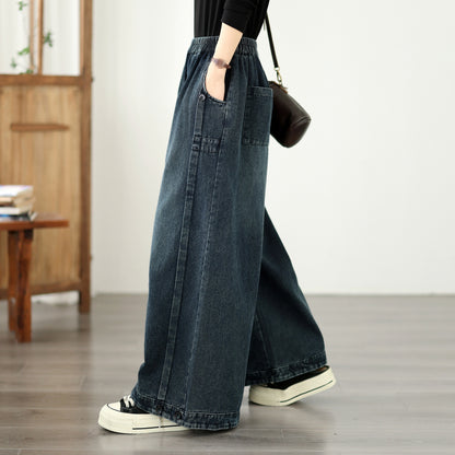 Vintage Wide Leg Pants - Women's Loose Fit Palazzo Trousers with Elastic Waist
