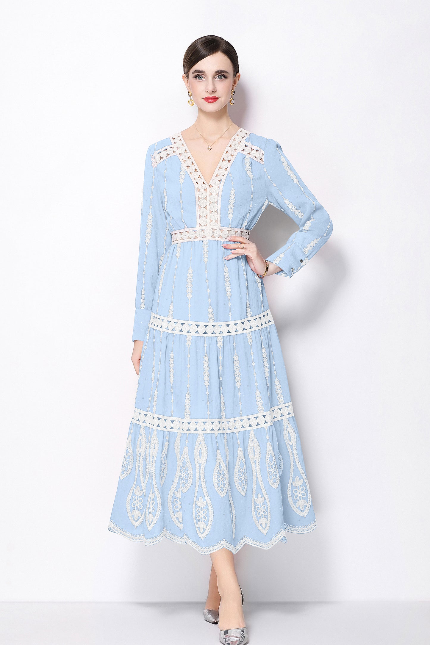Women's V Neck Long Sleeve Hollowed Lace Linen Dress - LAI MENG FIVE CATS