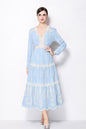 Women's V Neck Long Sleeve Hollowed Lace Linen Dress - LAI MENG FIVE CATS