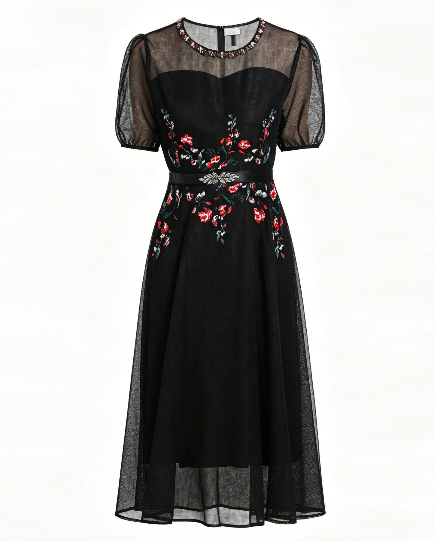 LAI MENG FIVE CATS Embroidered Mesh Floral Black Midi Dress - LAI MENG FIVE CATS