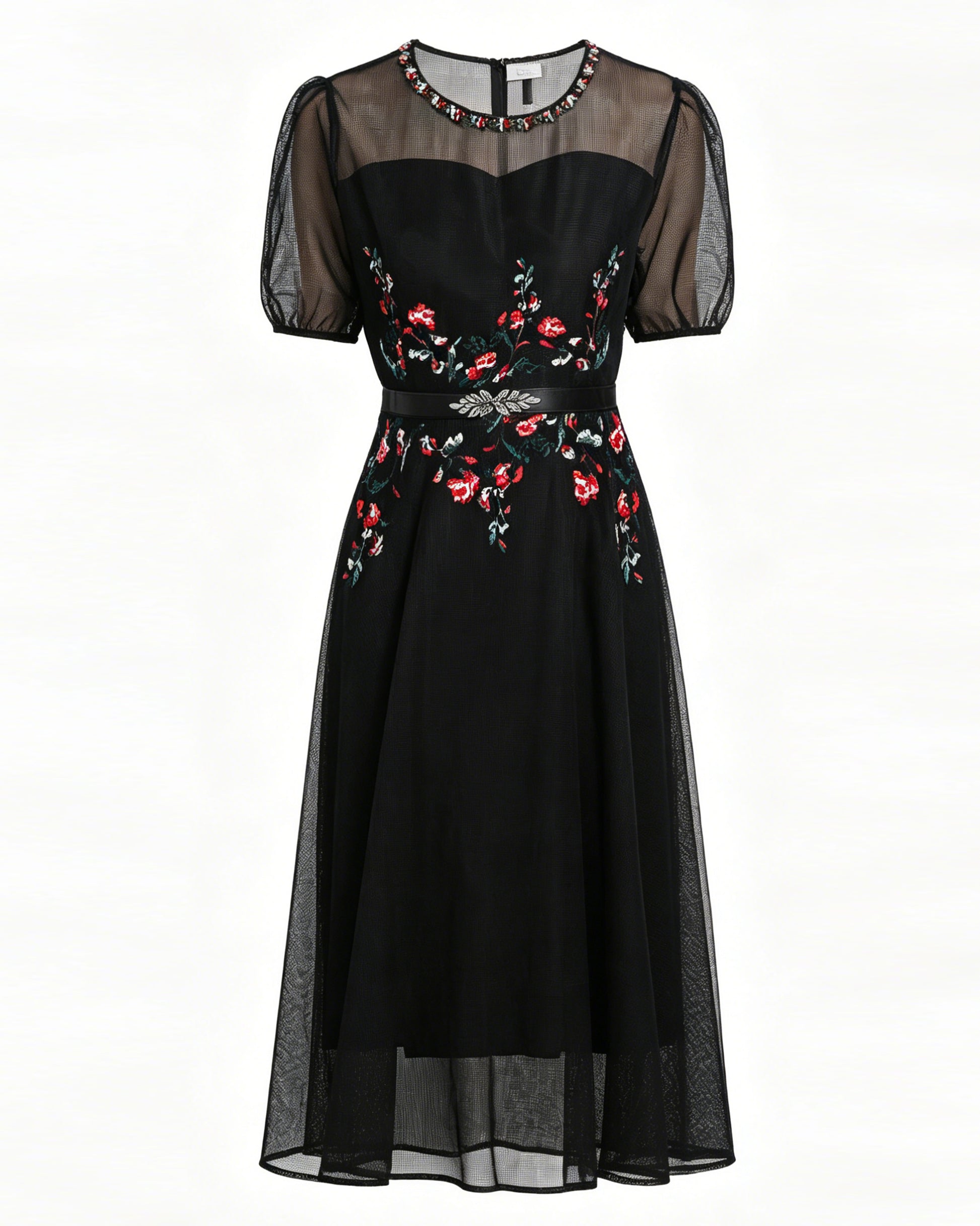 LAI MENG FIVE CATS Embroidered Mesh Floral Black Midi Dress - LAI MENG FIVE CATS