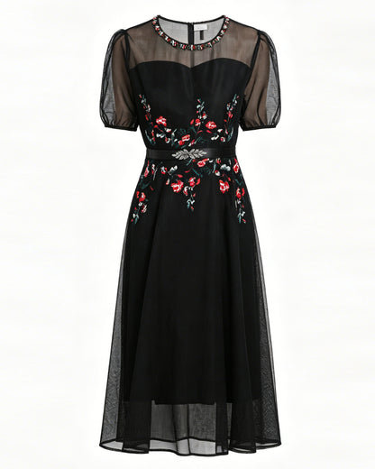 LAI MENG FIVE CATS Embroidered Mesh Floral Black Midi Dress - LAI MENG FIVE CATS