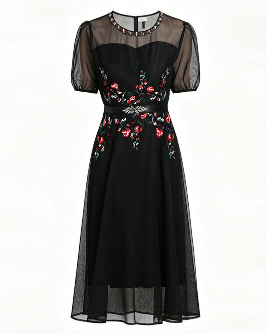 LAI MENG FIVE CATS Embroidered Mesh Floral Black Midi Dress