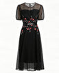 LAI MENG FIVE CATS Embroidered Mesh Floral Black Midi Dress - LAI MENG FIVE CATS