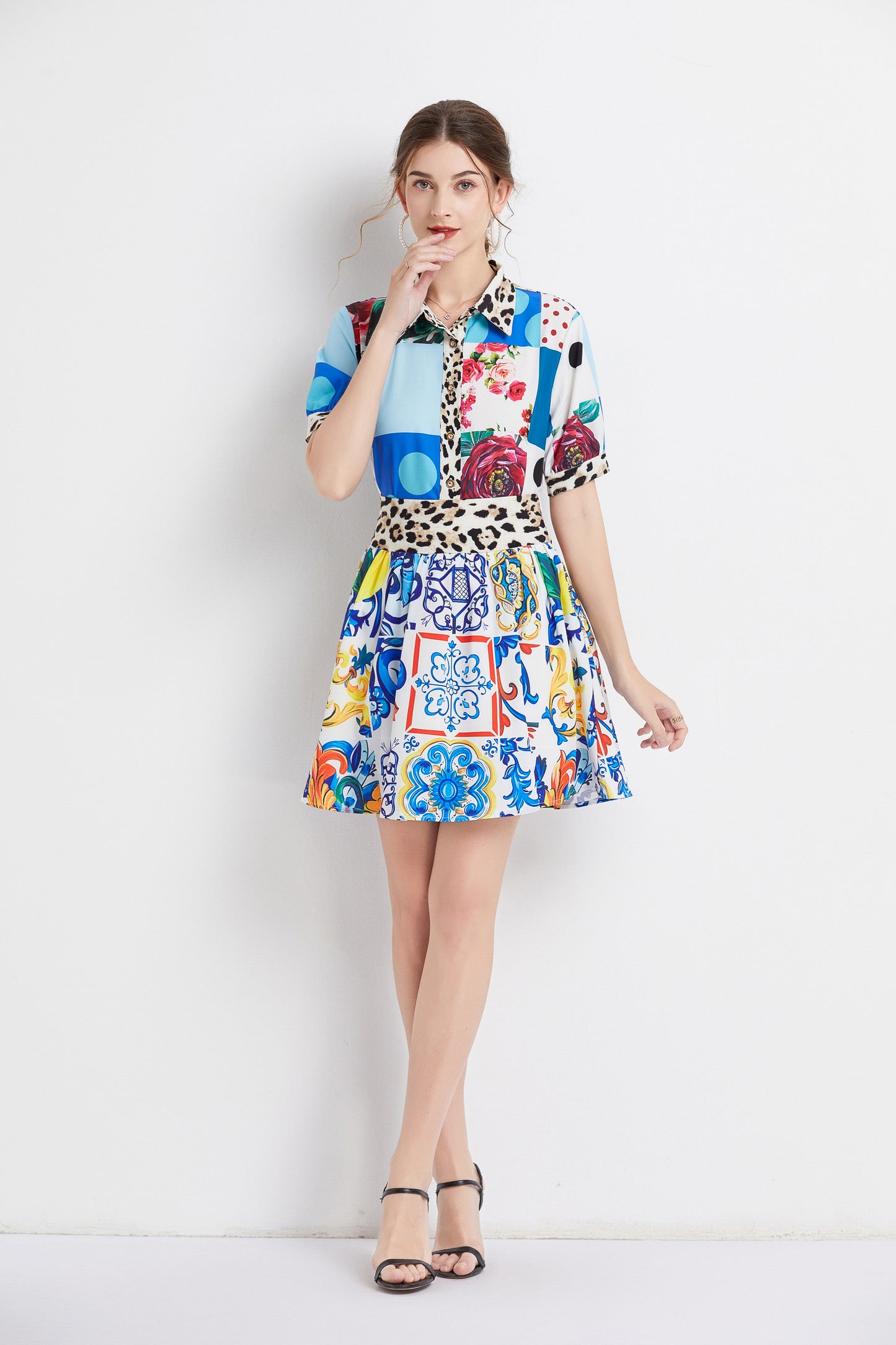 SSY-Women's 2 Piece Skirt Set Floral Short Sleeve Short Dress