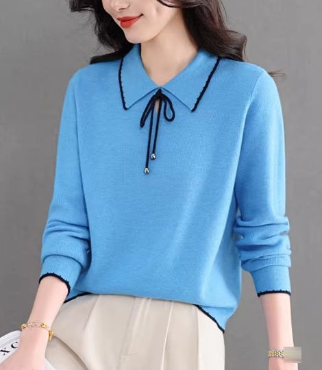 Contrast Trim Bow Collar Knit Top Long Sleeve Soft Sweater