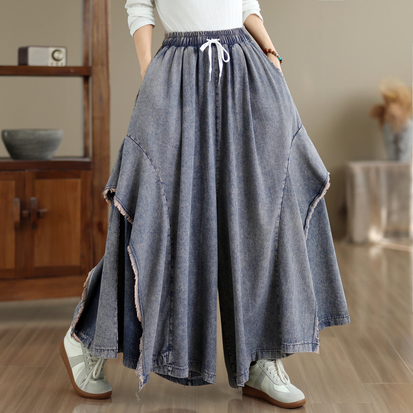 Women Loose Denim Skirt Pants Baggy Elastic Waist Casual Wide Leg Jeans