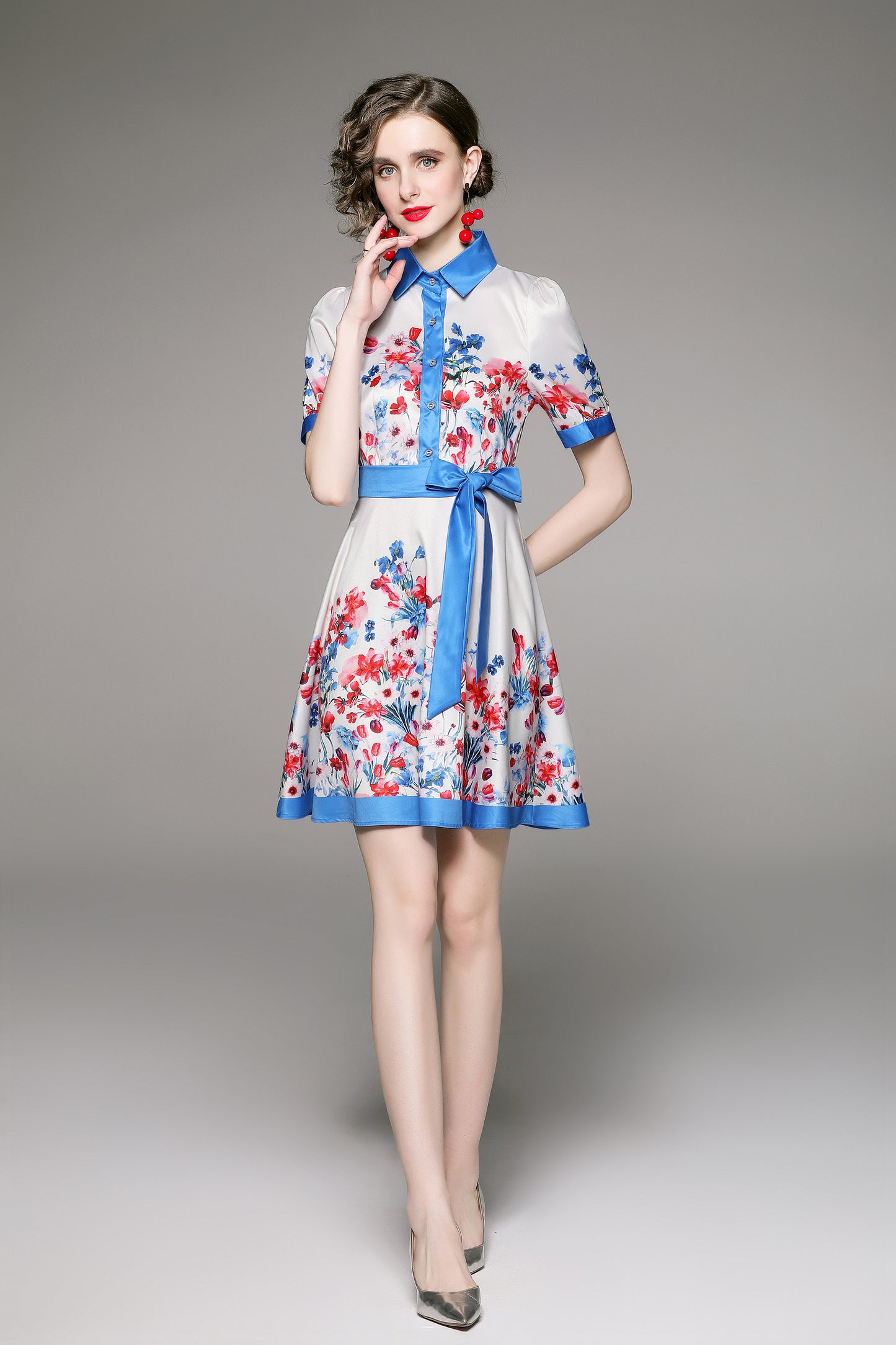 SSY-Women's Floral Lapel Collar Short Sleeve Mini Dress
