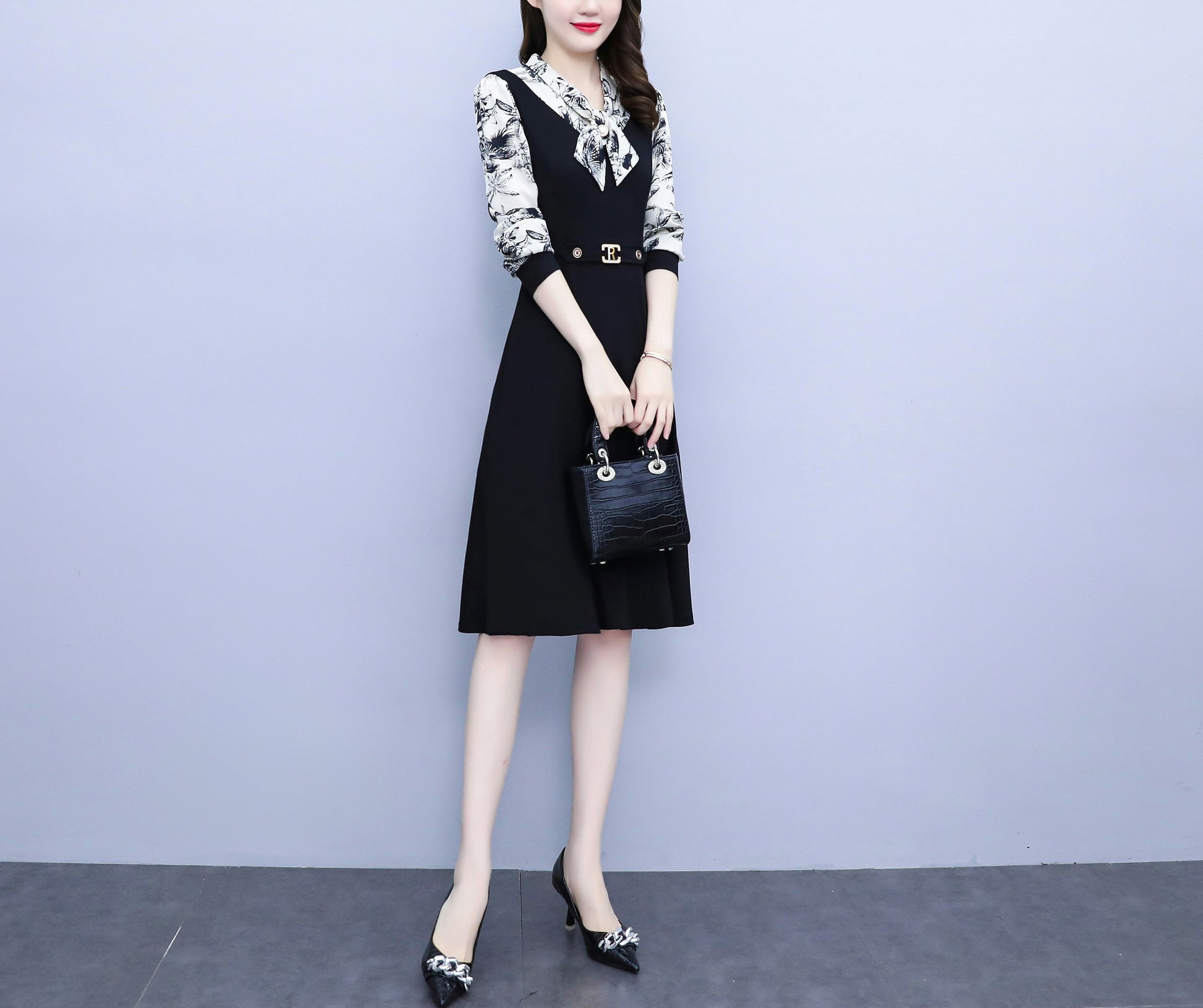 Women's Elegant Tie Neck Long Sleeve Black Dress - LAI MENG FIVE CATS