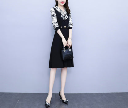 Women's Elegant Tie Neck Long Sleeve Black Dress - LAI MENG FIVE CATS