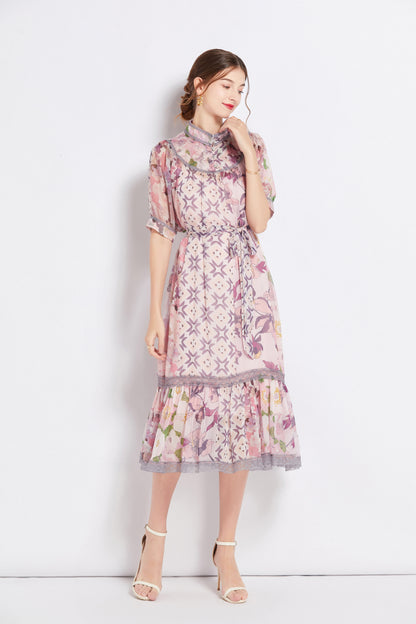 FSY-Women's Chiffon Short Sleeve Floral Ruffle Loose Midi Dress