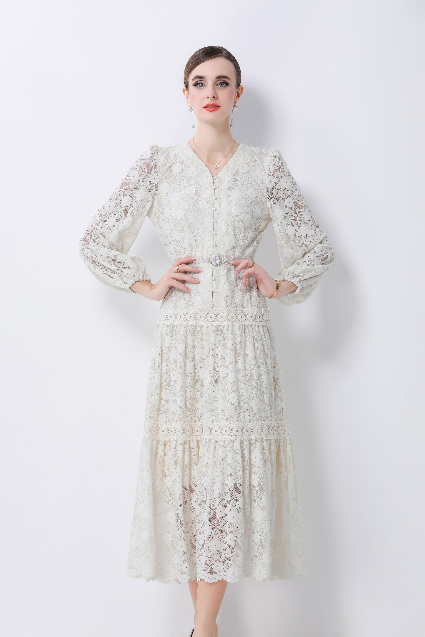Women's V-Neck Puff Sleeves Button Lace Midi Dress