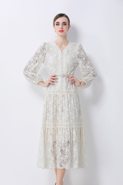 Women's V-Neck Puff Sleeves Button Lace Midi Dress