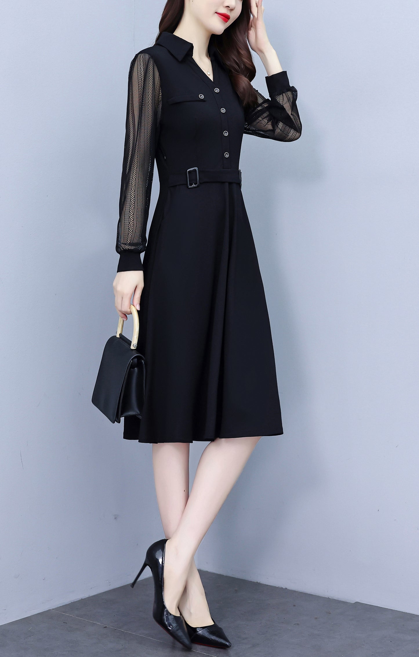 Women's V-Neck Long Sleeve with Pockets Black Dress