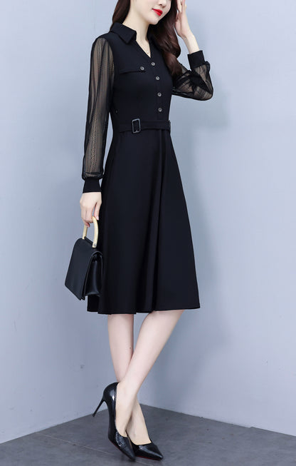 Women's V-Neck Long Sleeve with Pockets Black Dress