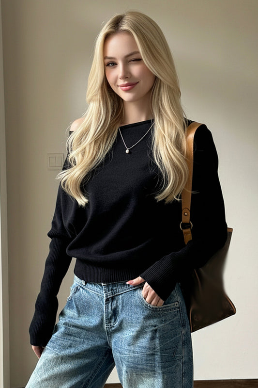 Women's Off The Shoulder Sweater Ribbed Knit Y2K Outfits