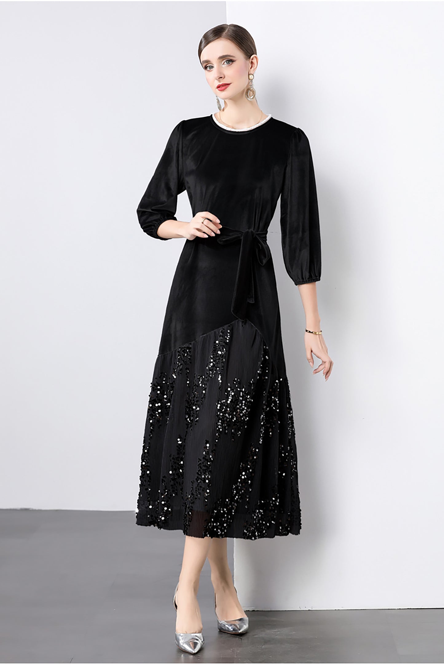 Velvet Lace Patchwork Sequins Midi Dress