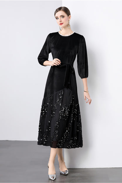 Velvet Lace Patchwork Sequins Midi Dress