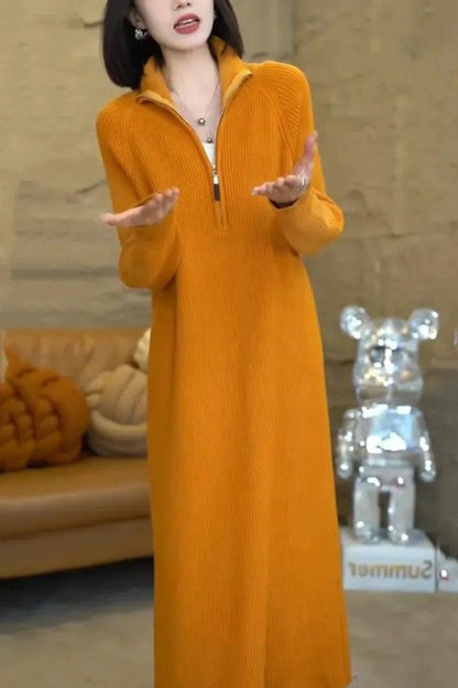 Women's Knit Long Sleeve Quarter Zip Sweater Maxi Dress