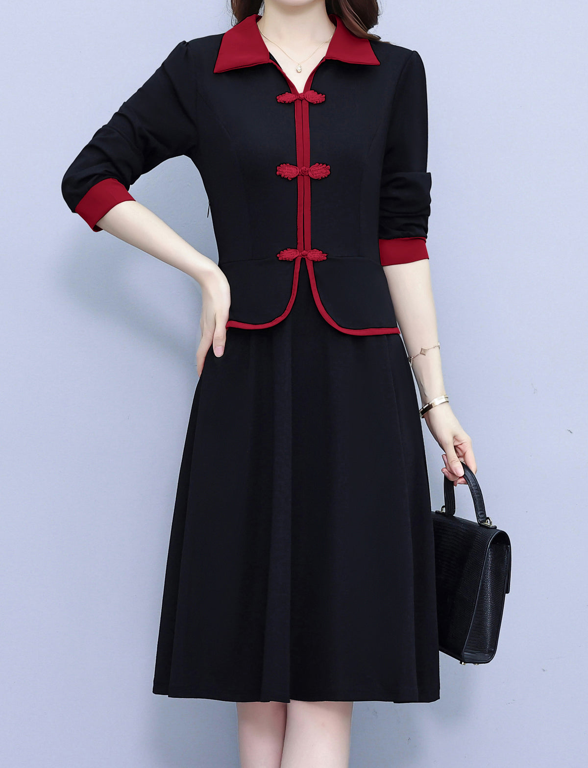 28724 Contrast Trim Collared Midi Dress - LAI MENG FIVE CATS