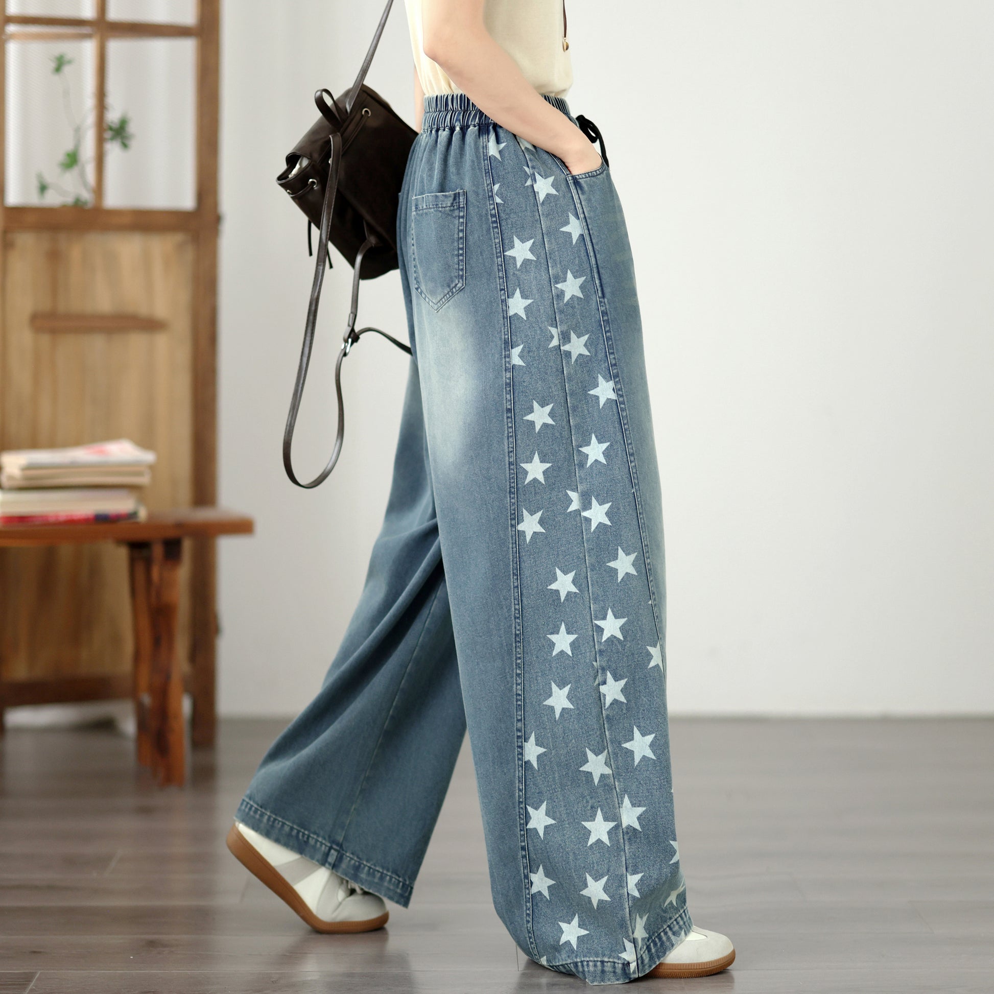 Women's Wide Leg Jeans Elastic Waist  Casual Loose Curved Pants - LAI MENG FIVE CATS
