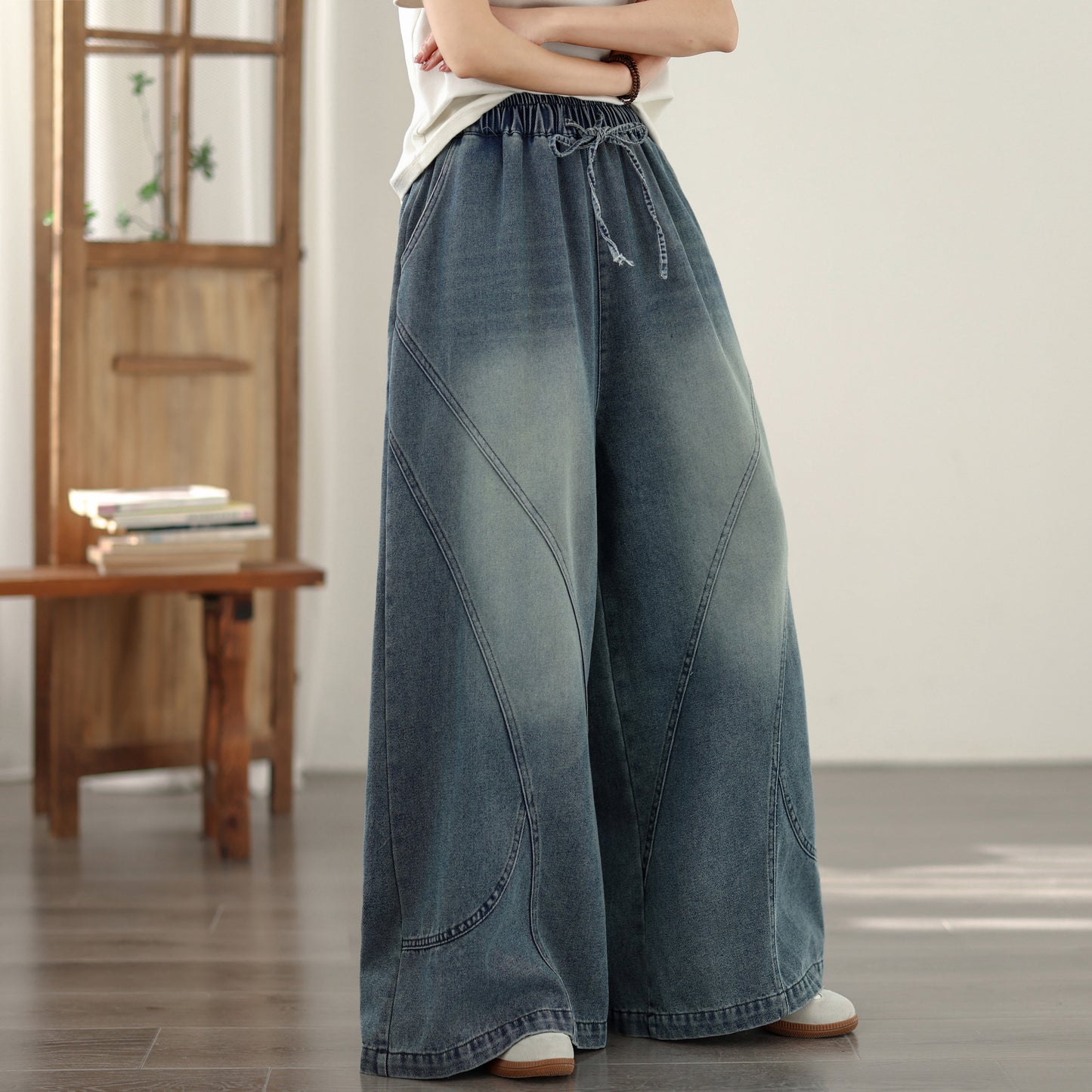 Women's Baggy Jeans Drawstring Waist Wide Leg Denim Pants