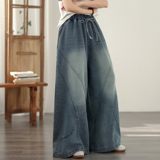 Women's Baggy Jeans Drawstring Waist Wide Leg Denim Pants - LAI MENG FIVE CATS