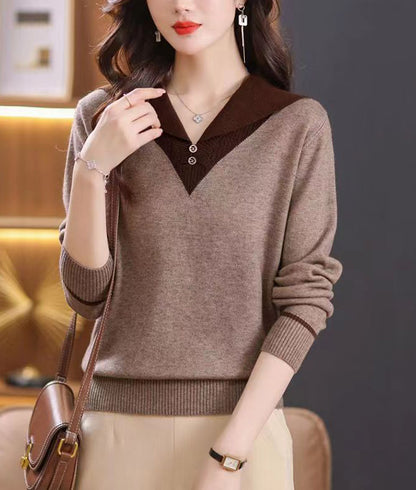 Chic Contrast Collar Knit Sweater - Elegant V-Neck Pullover