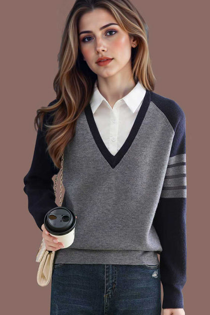 Women's V-Neck Pullover Top Striped Contrast Blouse