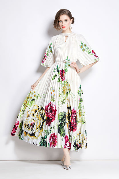 Women's Elegant Pleated Round Neck Bat Sleeves Print Maxi Dress