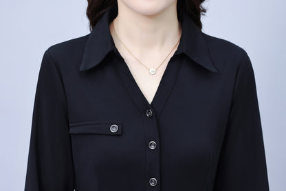 Women's V-Neck with Pockets Long Sleeve Black Dress