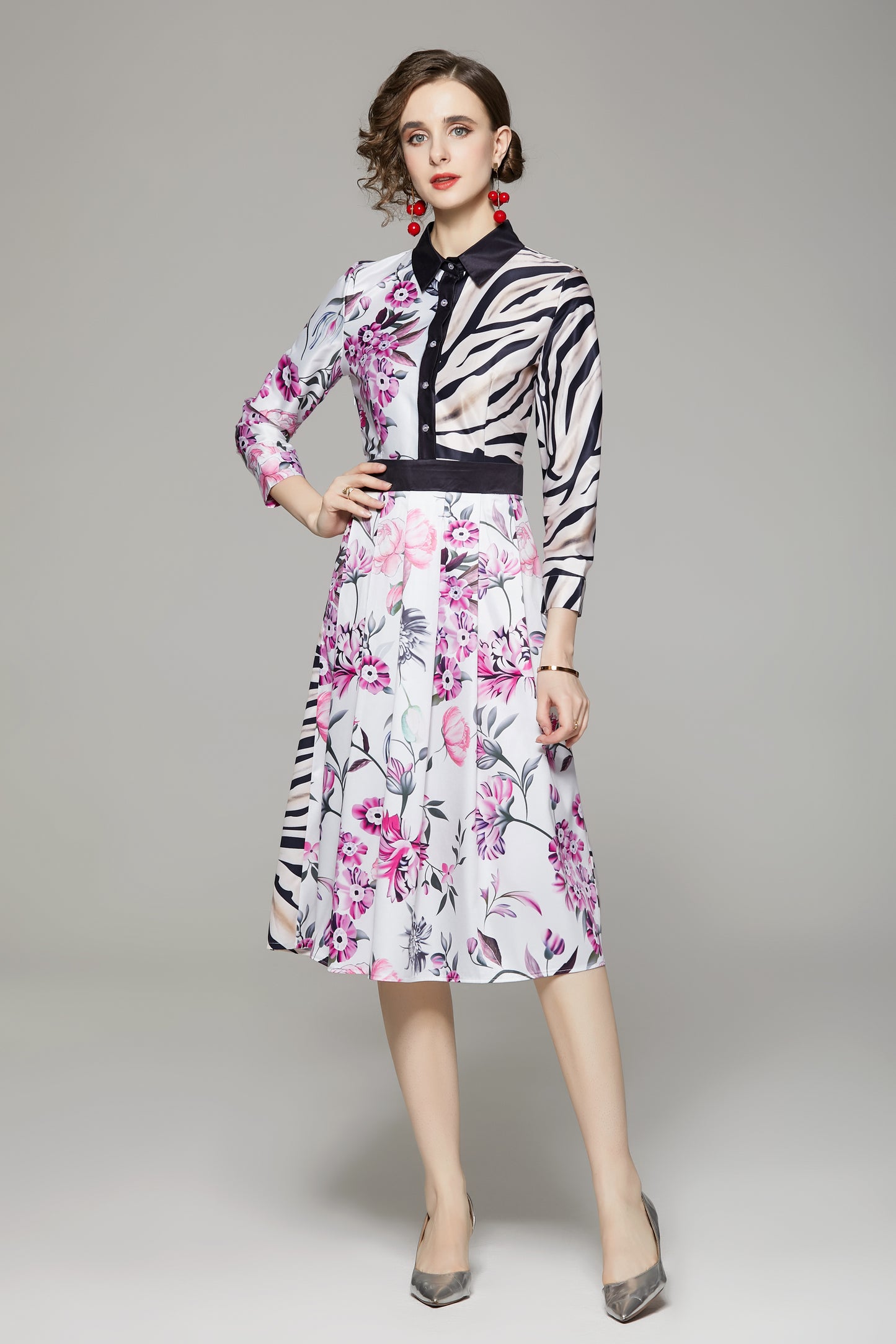 FSY-Women's Floral Print Button A-line Flowy Midi Dress