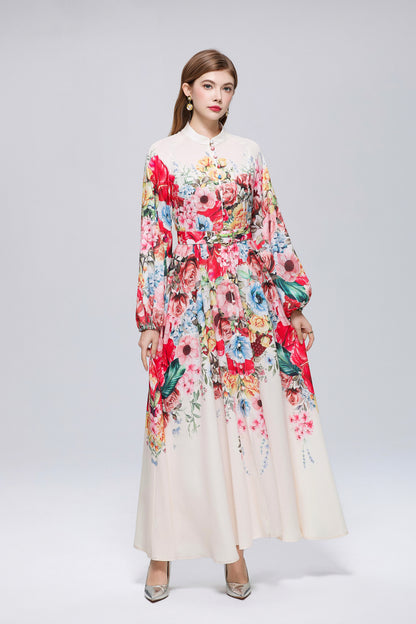 26-Women Floral Print Button Flowy Maxi Belt Dress