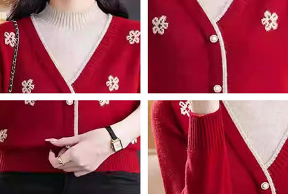 Floral Embroidered V-Neck Knit Sweater Pullover Top Fall Layered