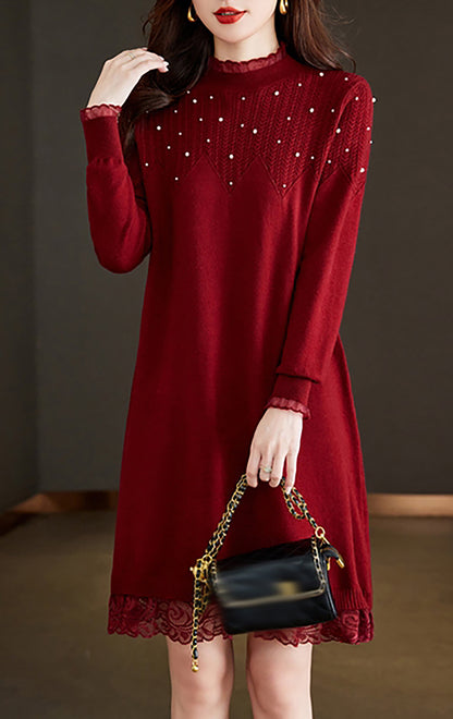 Lace Patchwork Shiny Beads Mini Sweater Dress