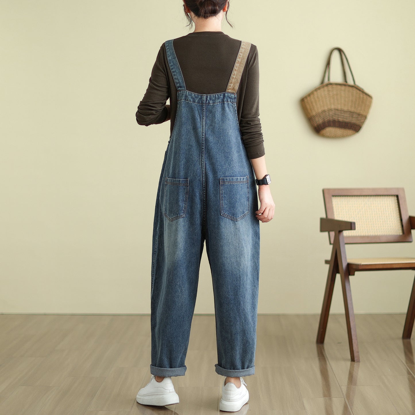 Stretchy Loose Bib Overalls with Pockets