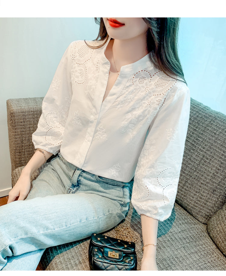 Women's V Neck Lace Tops 1/2 Sleeve Blouse - LAI MENG FIVE CATS