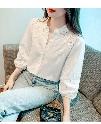Women's V Neck Lace Tops 1/2 Sleeve Blouse - LAI MENG FIVE CATS