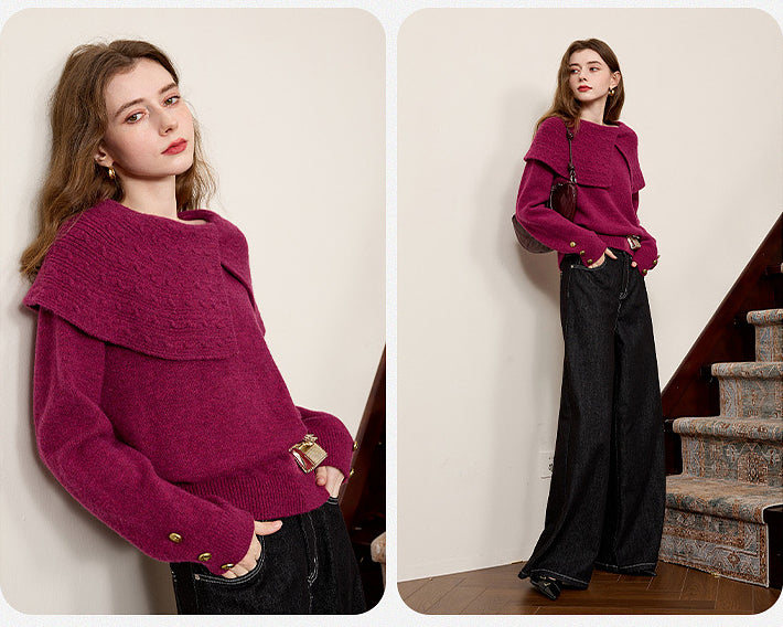 Women's Asymmetric Lapel Sweater Chunky Knitwear Top