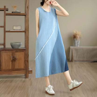 Women's Casual Sleeveless Denim Midi Dress Loose with Pockets