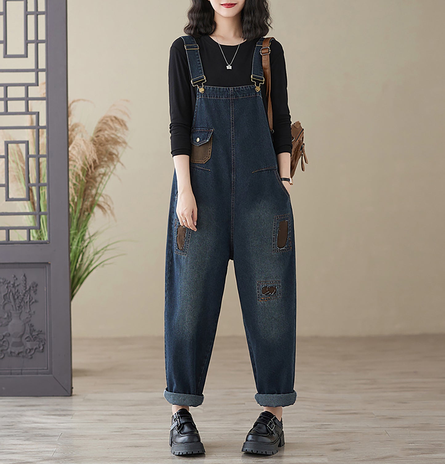 Stretchy Loose Bib Overalls with Pockets