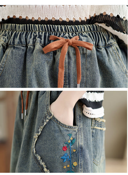 Women's Denim Drawstring Waist Pockets Jean Skirt