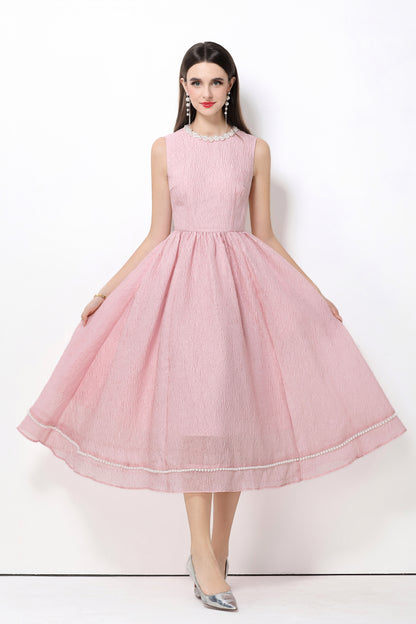 Elegant Pearl Trim A-Line Midi Dress - LAI MENG FIVE CATS
