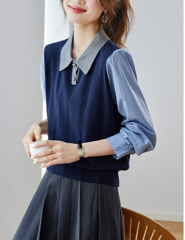Color Block Cable Knit Polo Top – Faux Two-Piece Sweater Shirt