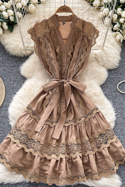 Women's Lace Sleeveless V-Neck Ruffle Midi Dress