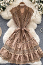 Women's Lace Sleeveless V-Neck Ruffle Midi Dress