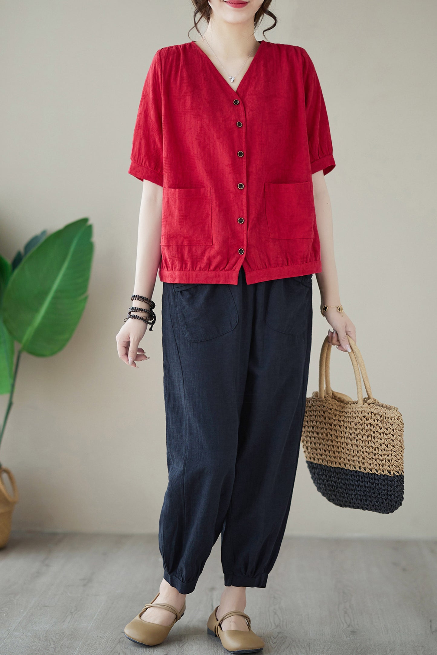Red V Neck Button-up Linen Blouse Top
